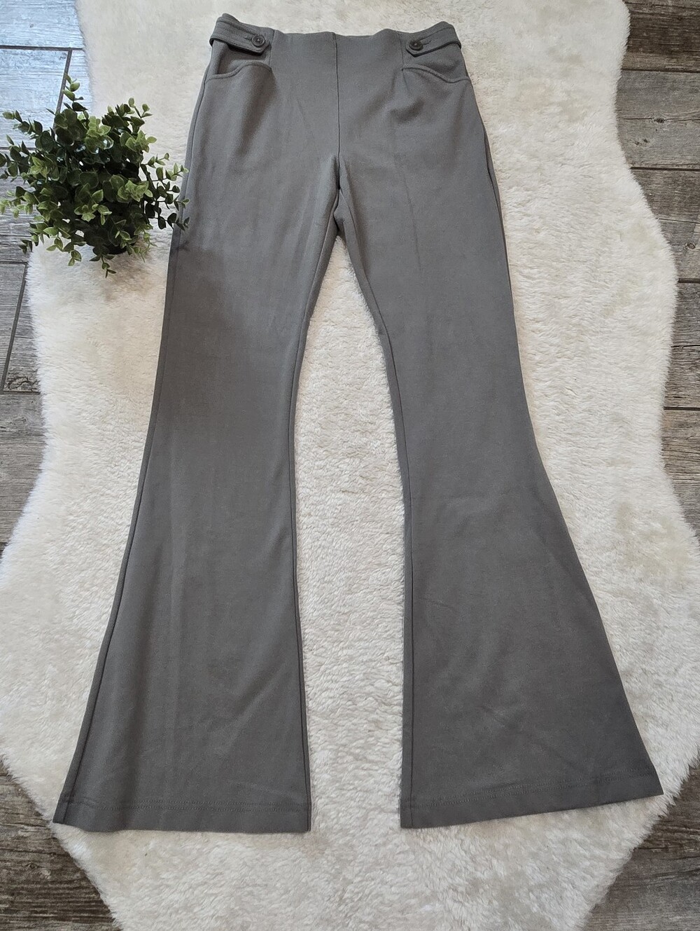 Betabrand Green High-Rise Flare Yoga Minimalist Office Dress Pants, Large Long